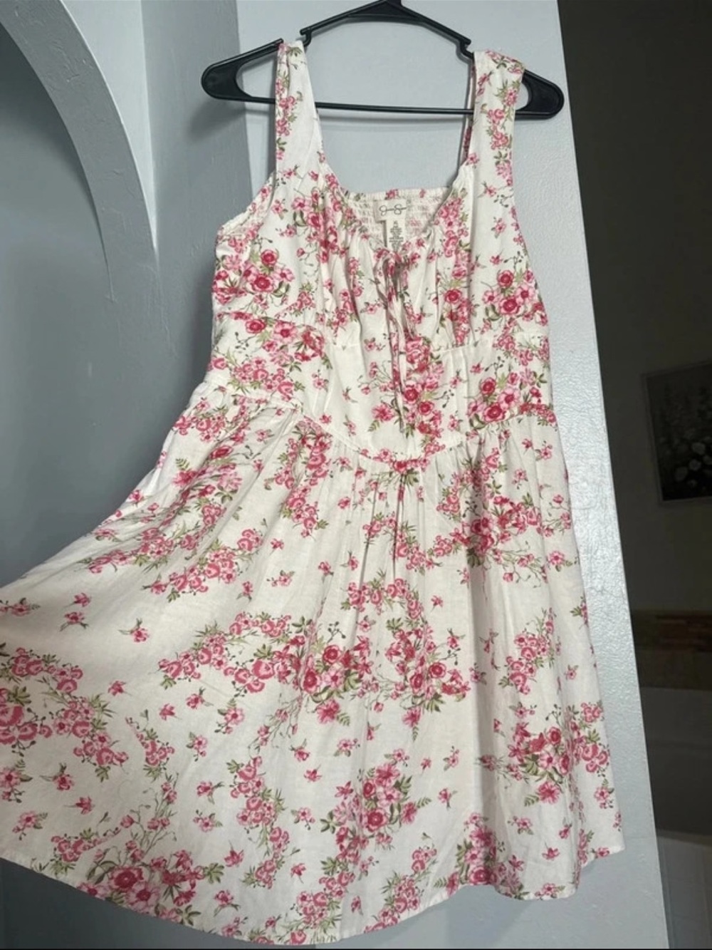 Women's White Floral Sundress with Pink Rose Print